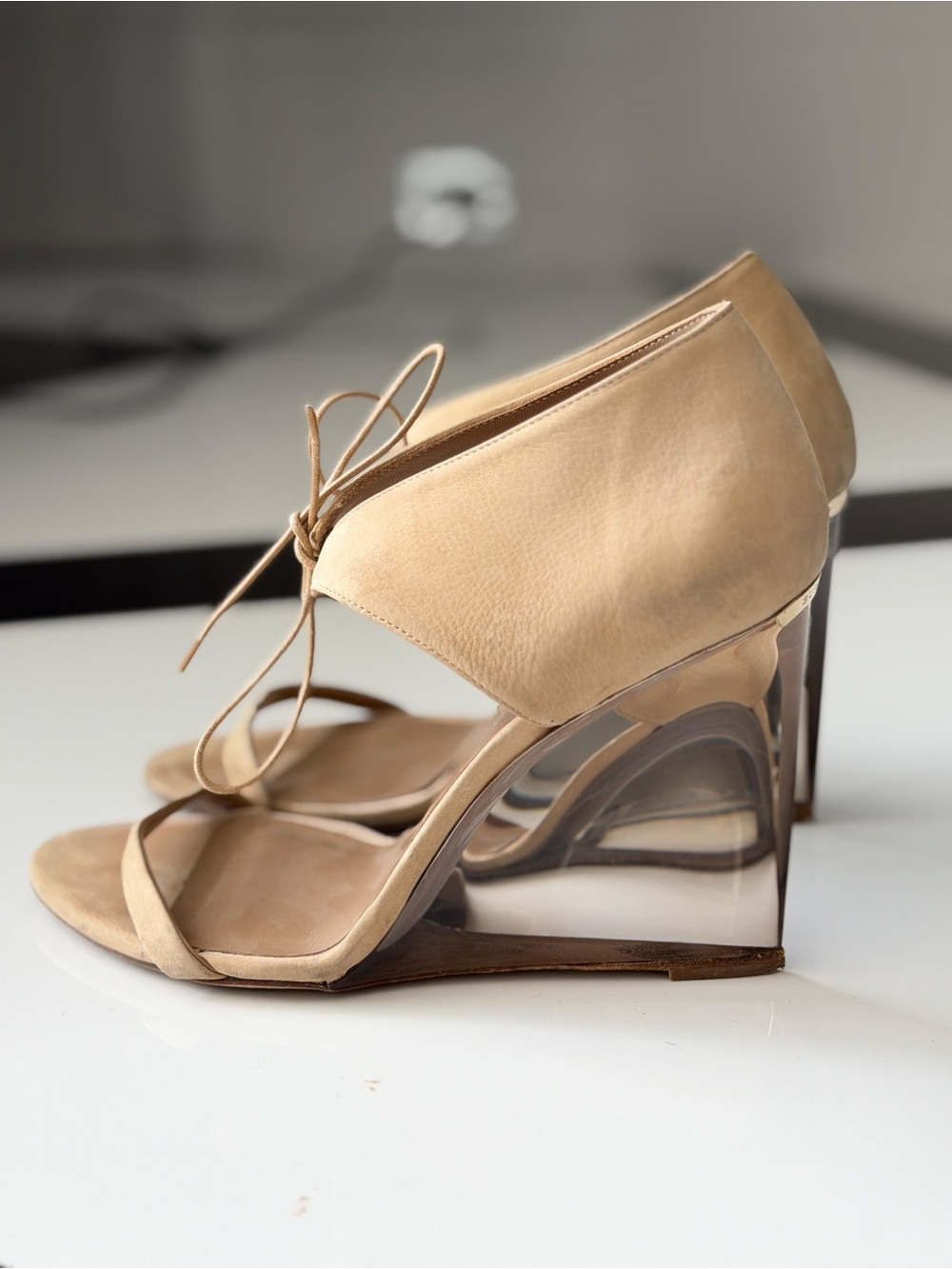 Burberry Beige Lace-Up Wedge Sandals with Clear Sculpted Heel